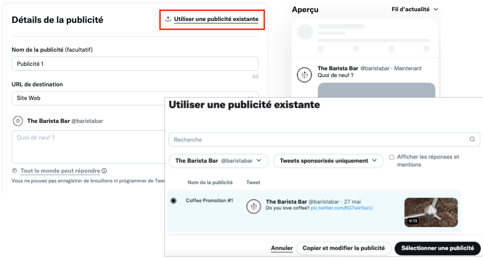 Sélection d'une publicité existante dans le menu de sélection de publicités