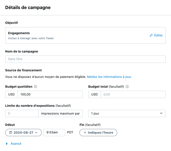 Configuration d'une campagne de publicités Twitter