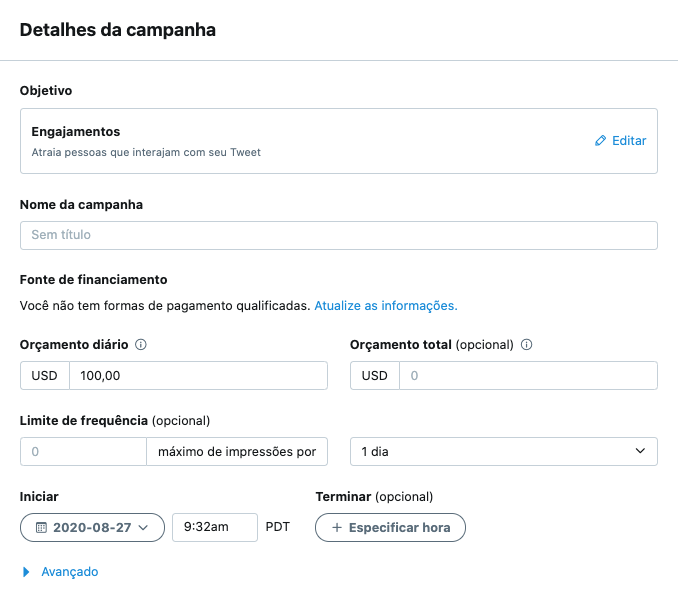 Configuração da campanha do Twitter Ads