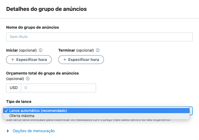 Configuração do grupo de anúncios