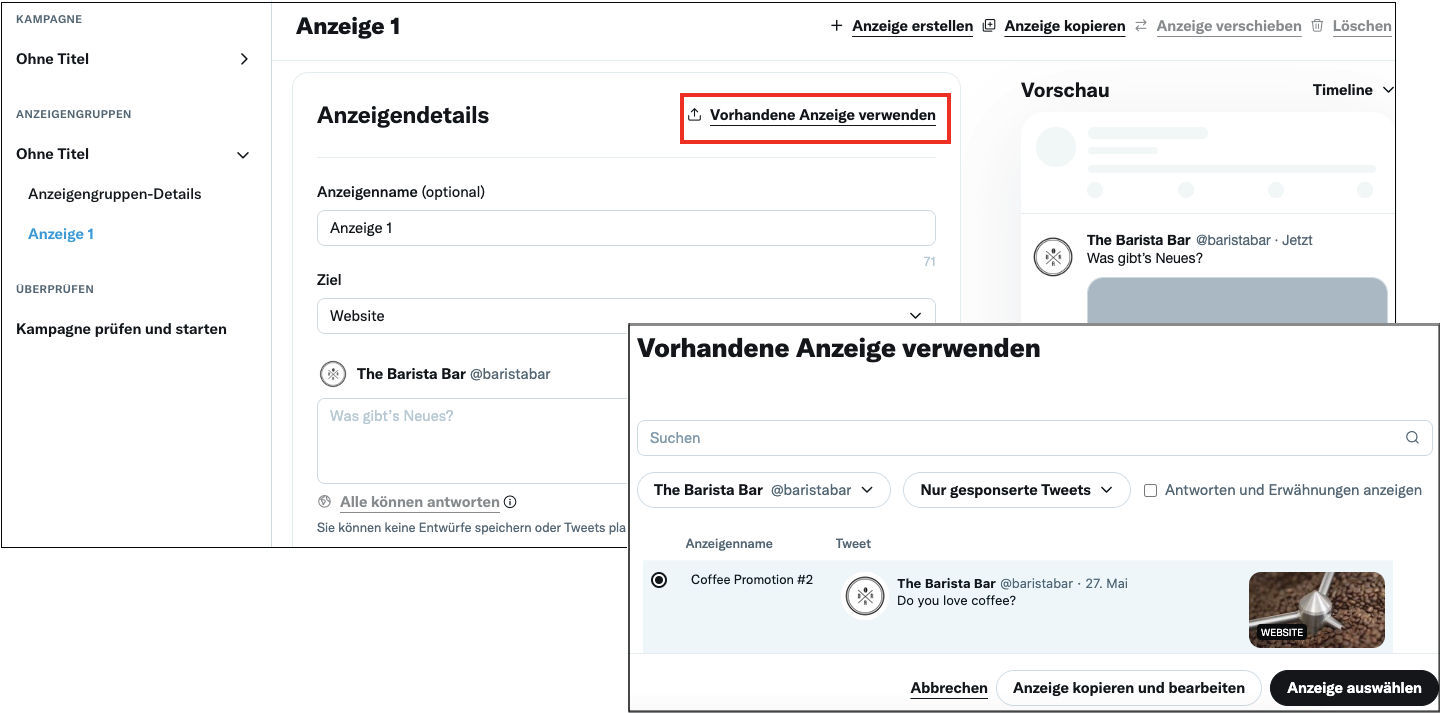 Auswählen einer bestehenden Anzeige im Anzeigenauswahlmenü