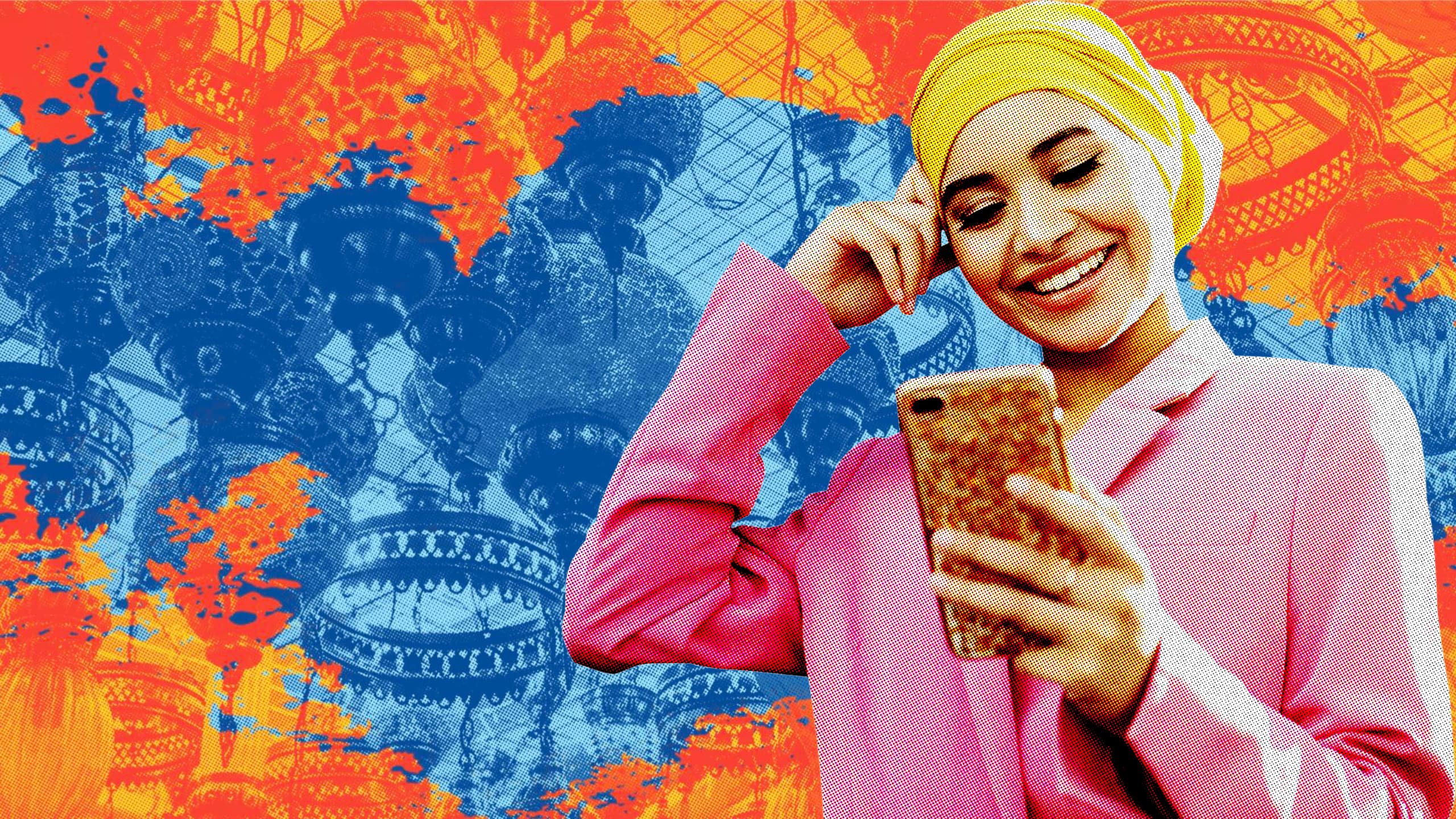 Woman in yellow hijab and pink coat smiles while looking at her phone. Background is blue and orange design of hanging lanterns