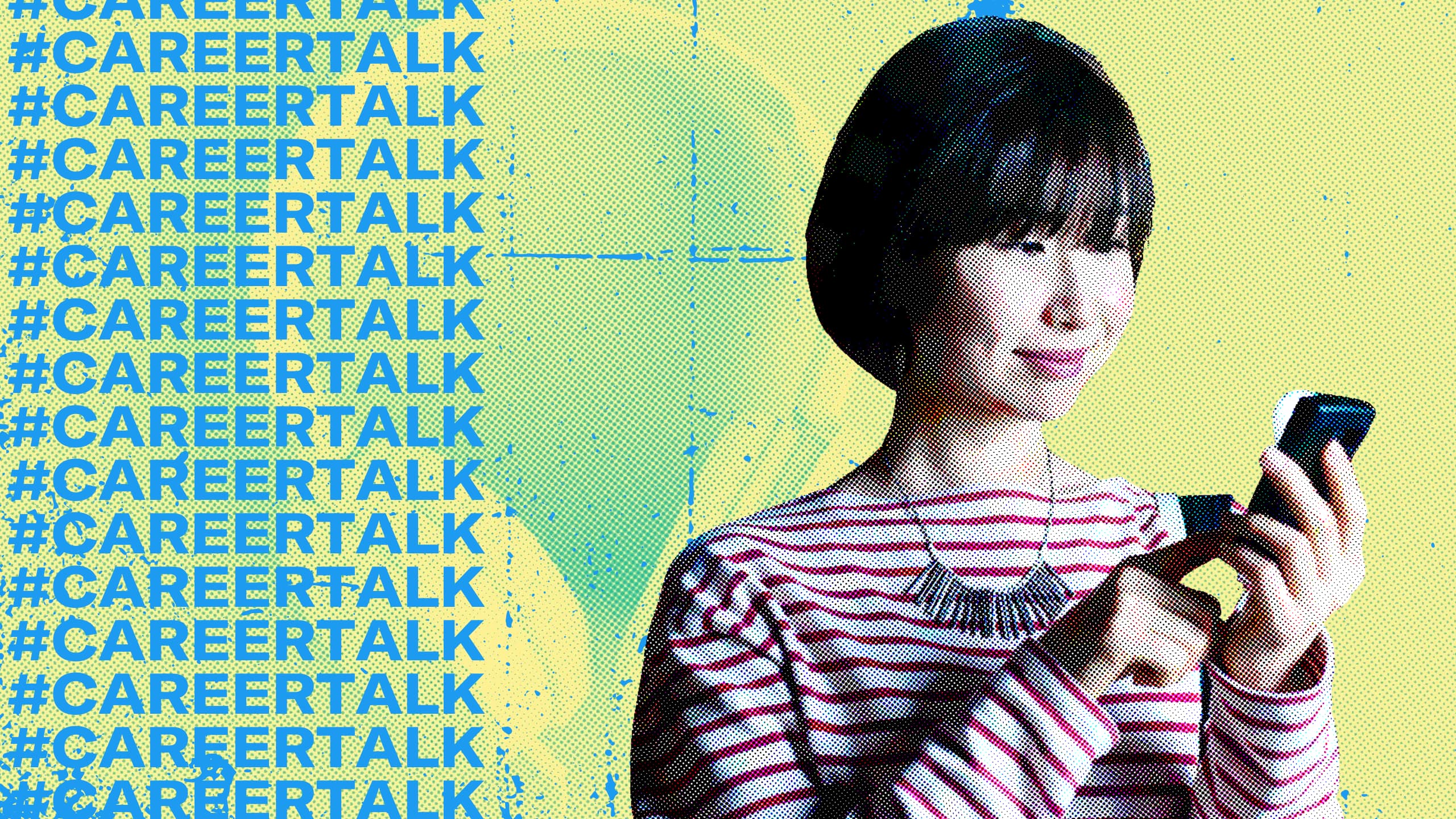 woman smiles while using her phone with yellow background and career talk in blue font