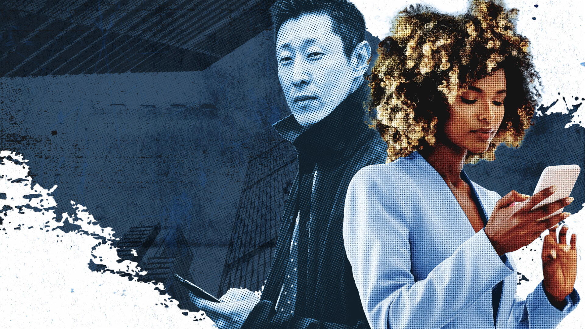 A man looks at the camera while holding his mobile phone, a woman in a blue jacket looks down at her phone