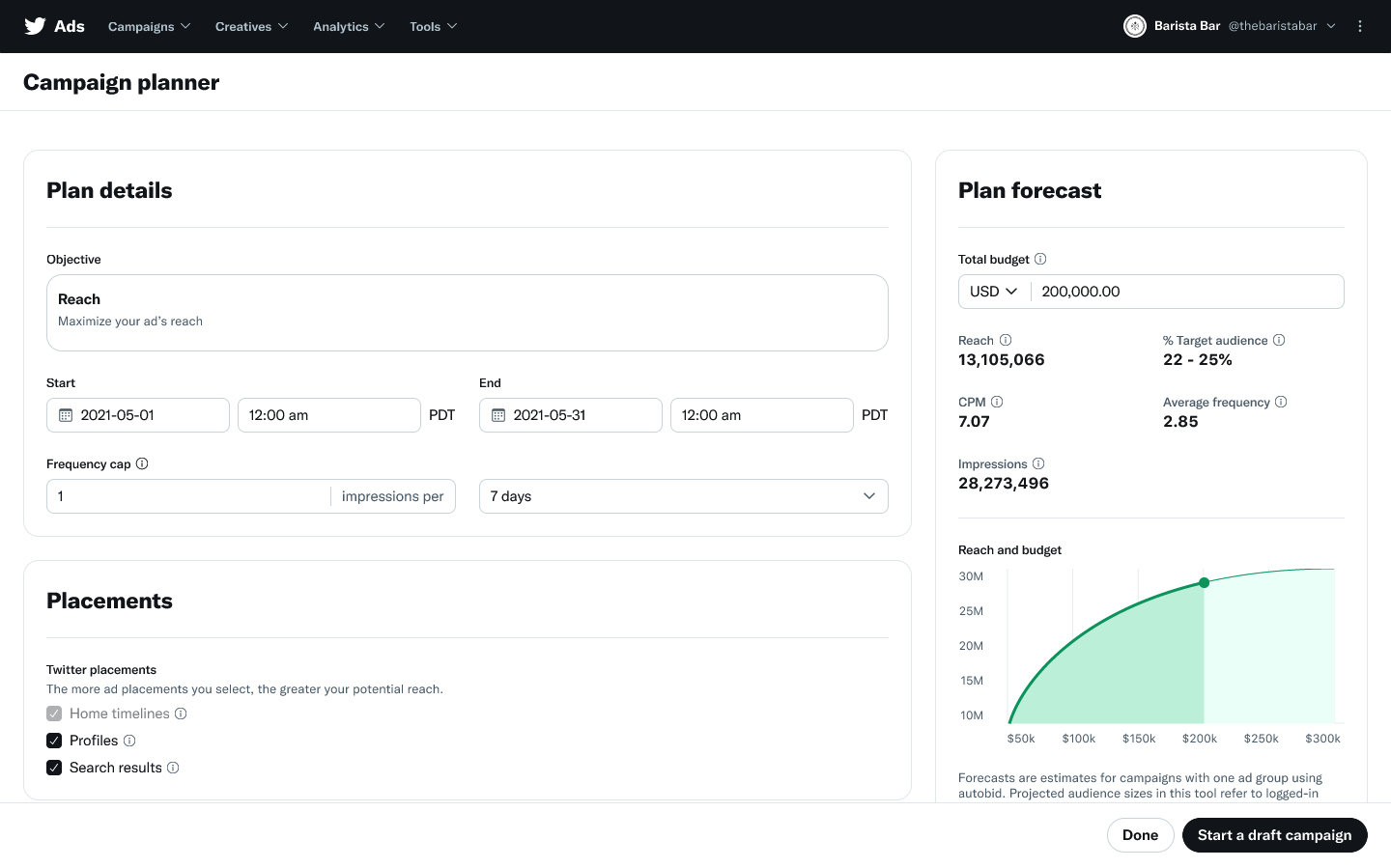 a view of the campaign planner set-up dashboard, including campaign objective, start dates and budget