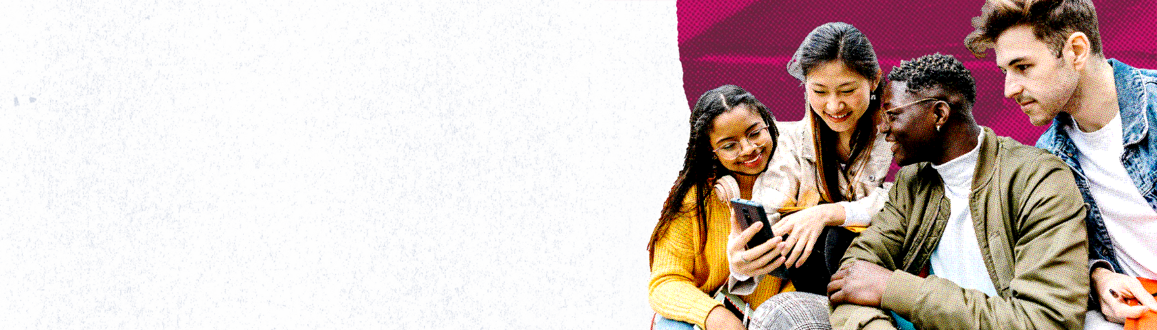 A group of four people looking at a cell phone in front of a graphic designed magenta background