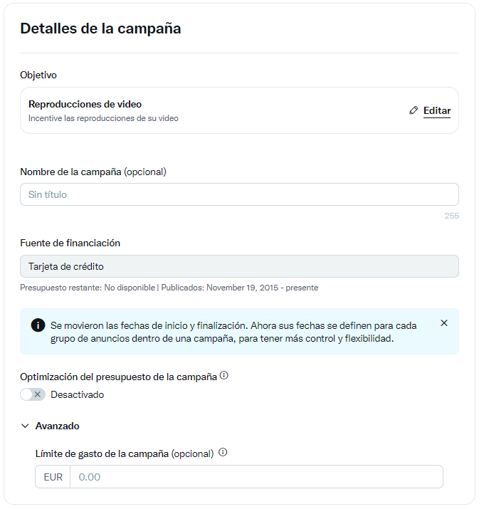 Detalles de la campaña de Twitter Ads