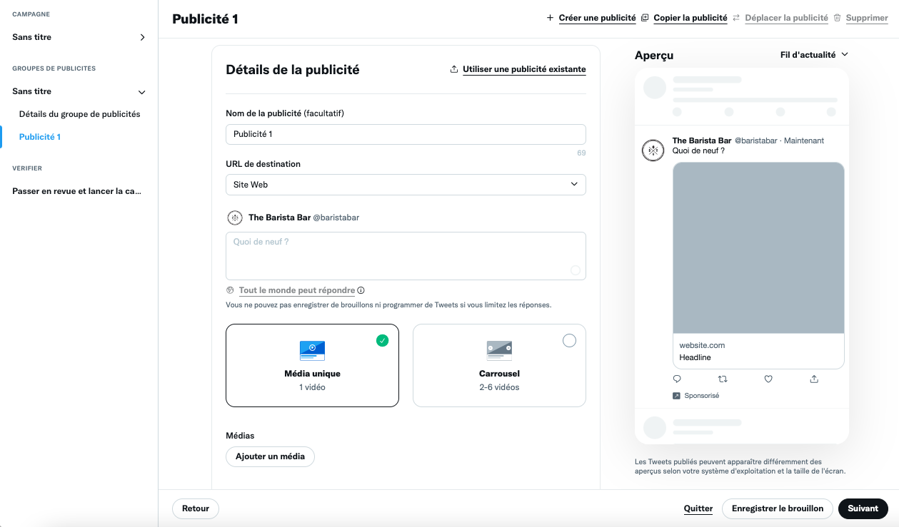 menu de sélection du contenu de la publicité