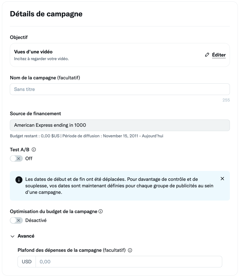 Détails de la campagne de publicités Twitter