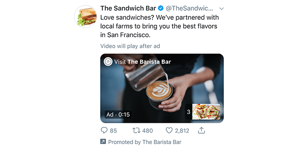 annonce amplify pre-roll twitter d'un barista faisant du café sur un fil twitter