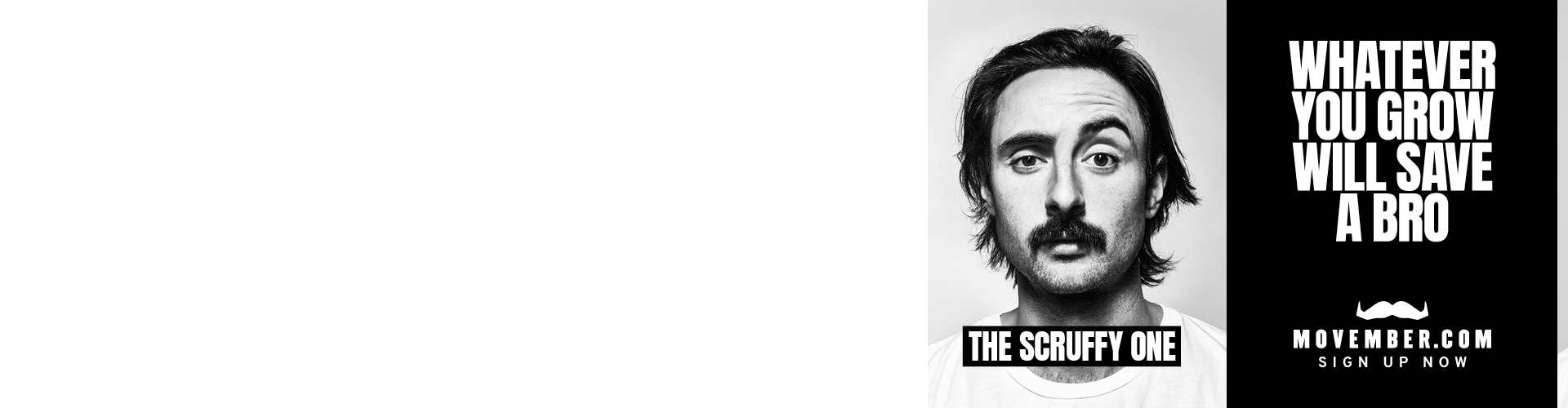 Une bannière de la campagne Movember représentant deux hommes à moustache, accompagnés de la mention « whatever you grow will save a bro » (laissez-vous pousser la moustache pour sauver des vies)