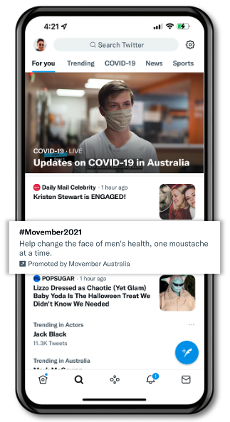 Grâce à Timeline Takeover, #Movember2021 de Movember est placé en tête de la conversation dans l'onglet Twitter Explorer