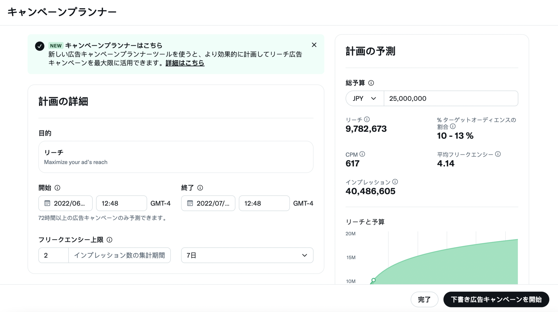 広告キャンペーンの目的、開始日、予算などが表示されたキャンペーンプランナーの設定管理画面の外観