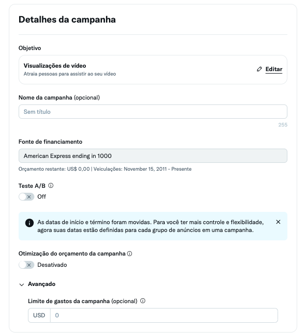 Detalhes da campanha do Twitter Ads