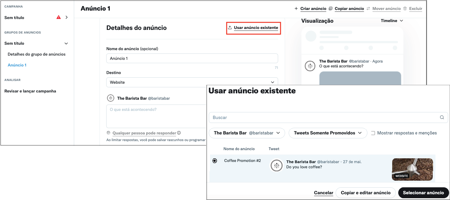 Seleção de um anúncio existente no menu de seleção de anúncios