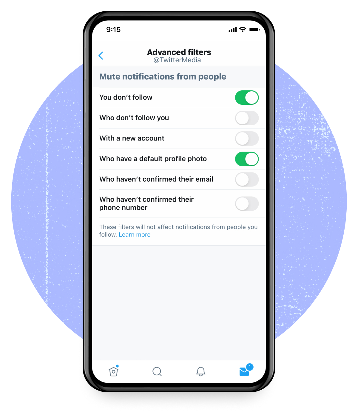 Twitter product screenshot in a mobile device on a purple background.