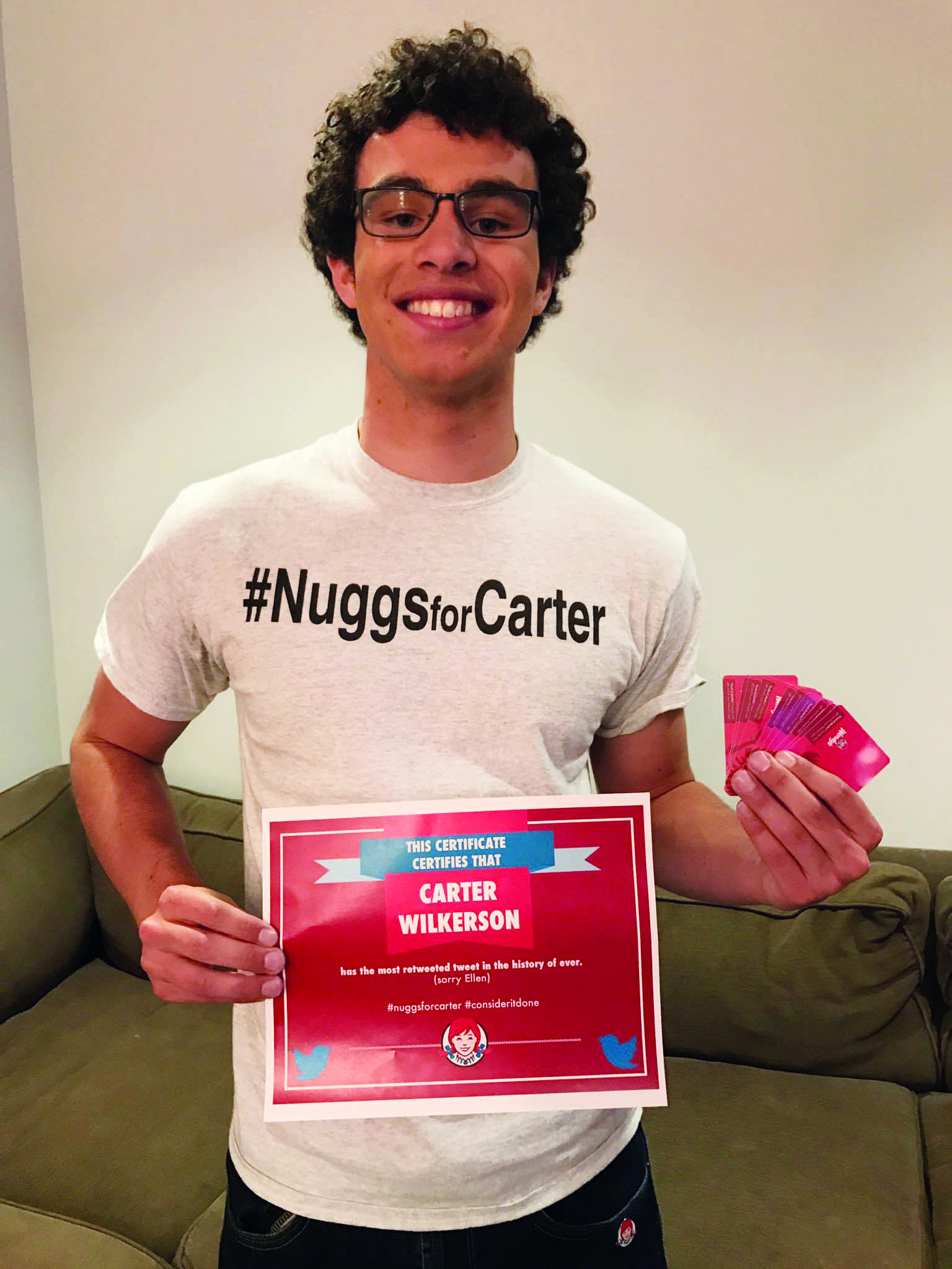 Image of Carter showing he won free nuggets from Wendys