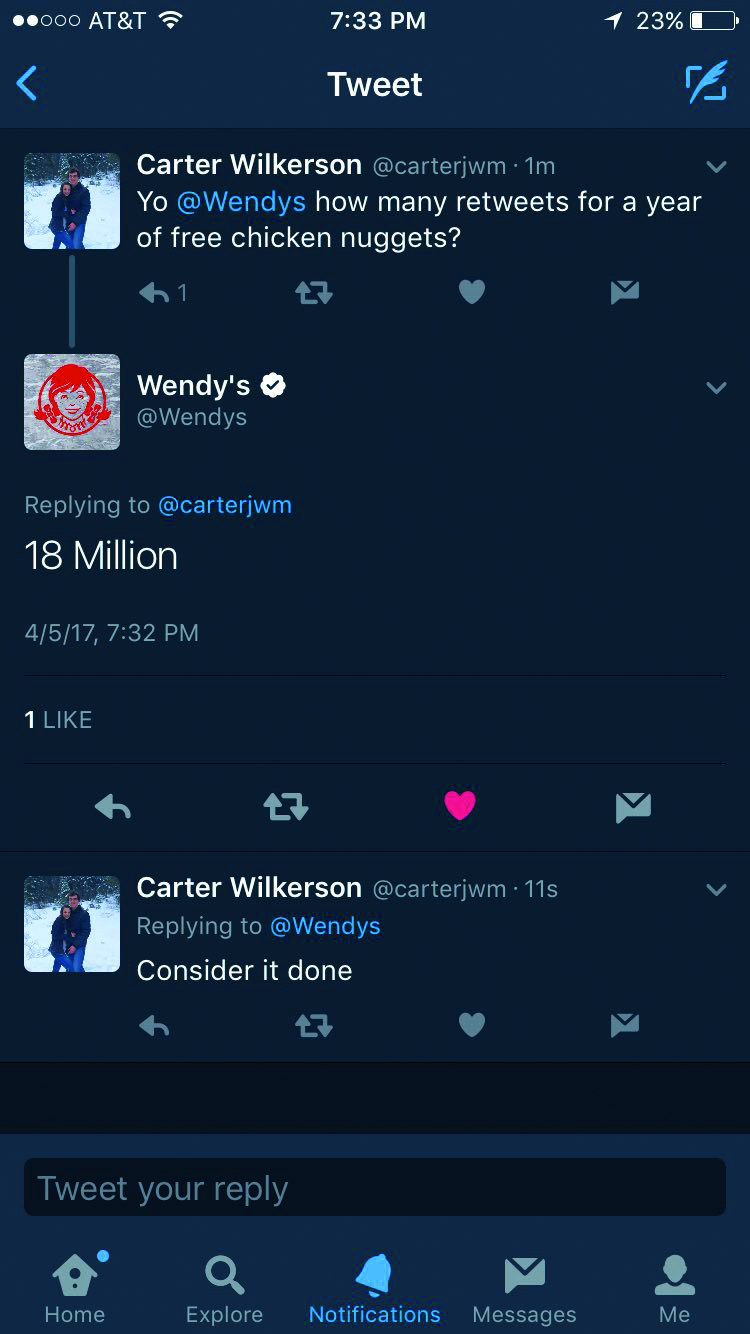 Wendys tweets to Carter