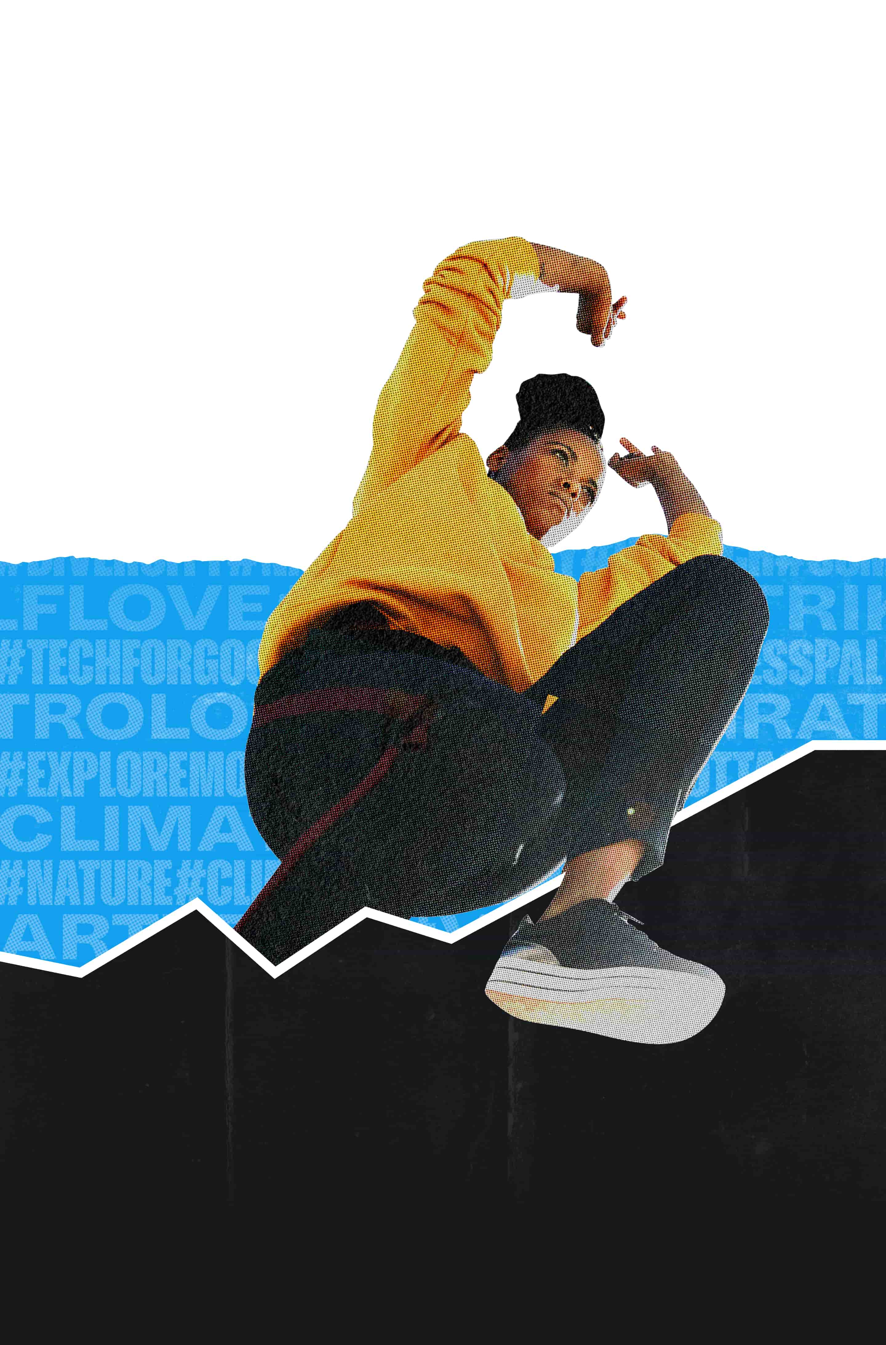 Person jumping over the headline text