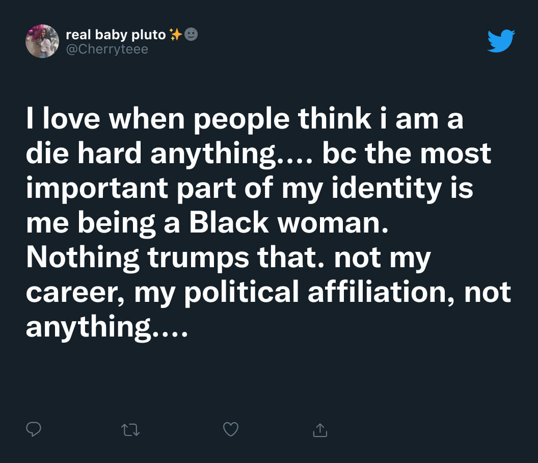 Tweet from @Cherryteee saying that the most important part of her identity is being a Black woman