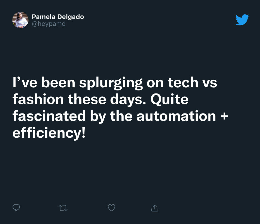 Twitter about splurging on tech vs. fashion from @heypamd