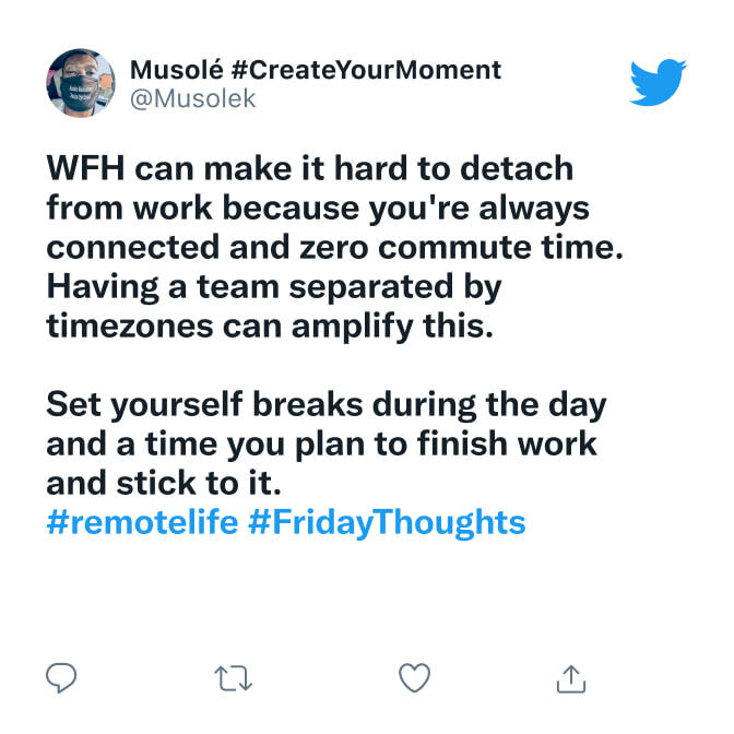 Tweets from @Musolek about setting breaks for yourself while working from home